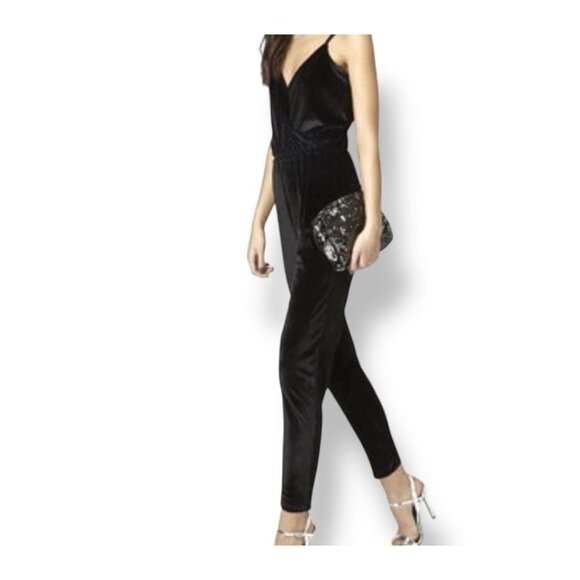Topshop Women’s Black Velvet Jumpsuit Size 2 US Spaghetti Strap Crisscross - Picture 2 of 12